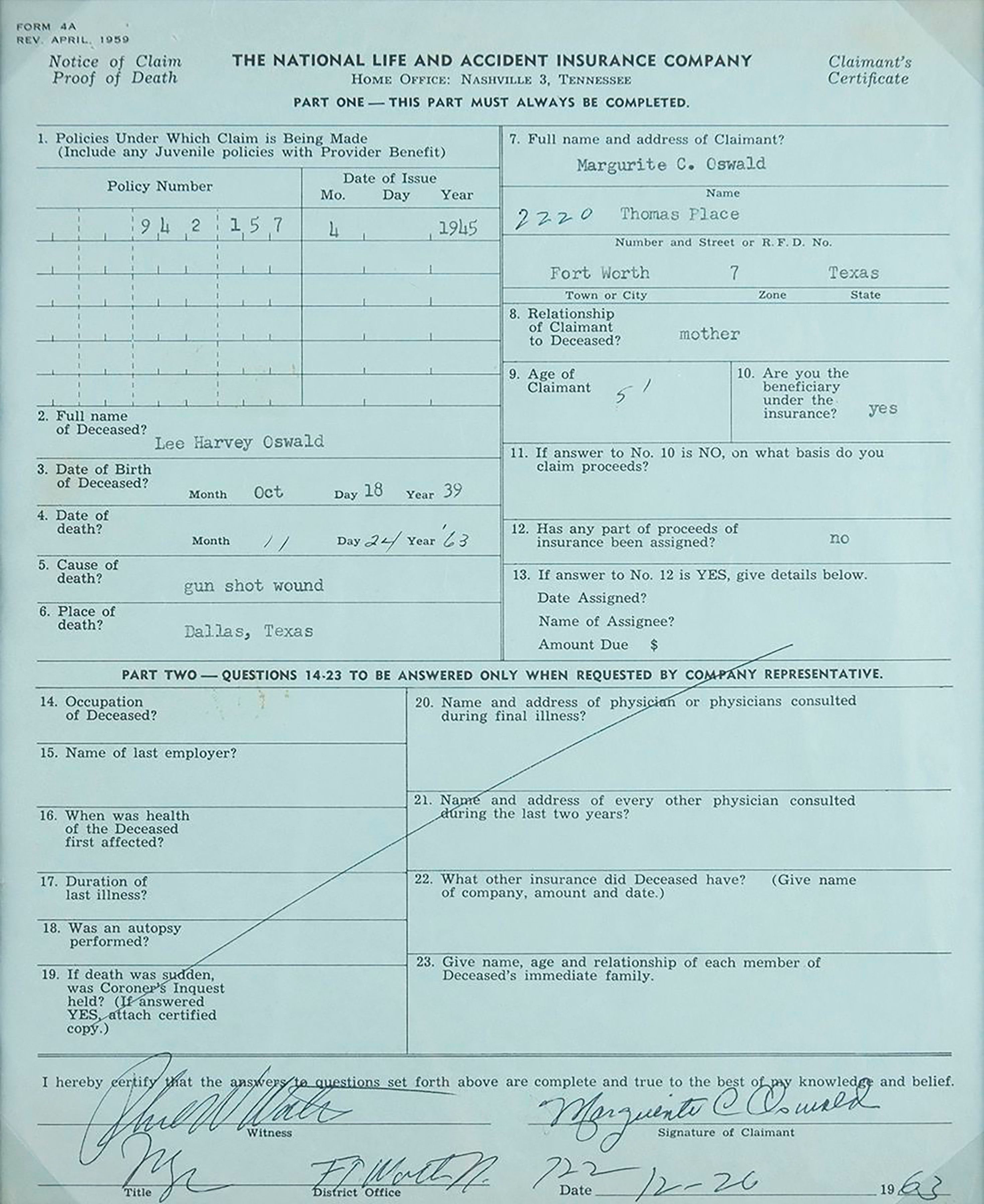 Lee Harvey Oswald life insurance claim sells at auction The