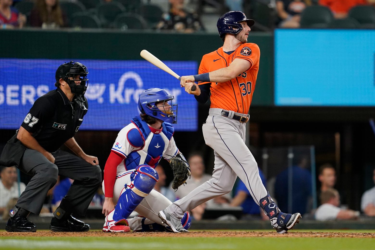 Houston Astros right fielder Kyle Tucker (30) batting in the