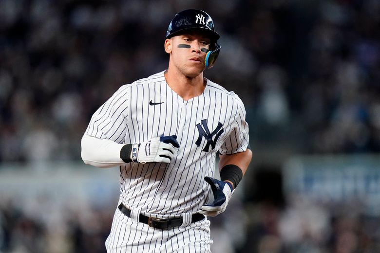 New York Yankees' Aaron Judge smiles after a baseball game against