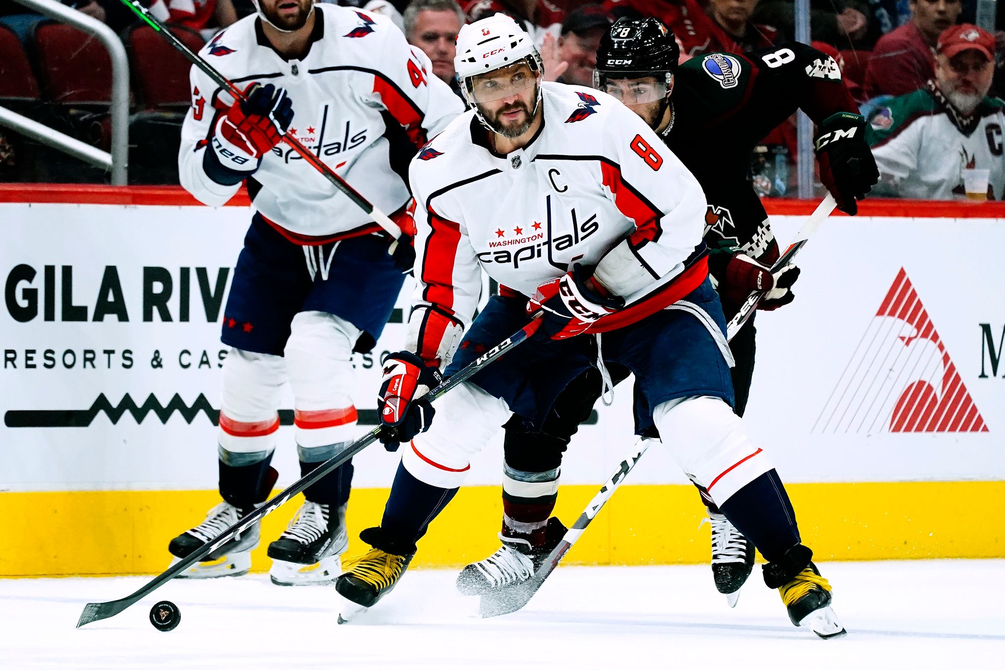 Washington Capitals left wing Alex Ovechkin (8) smiles after scoring  against the Buffalo Sabres in the