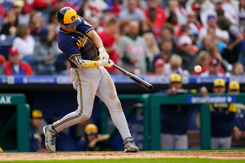 Willy Adames of the Milwaukee Brewers hits a three run homerun in