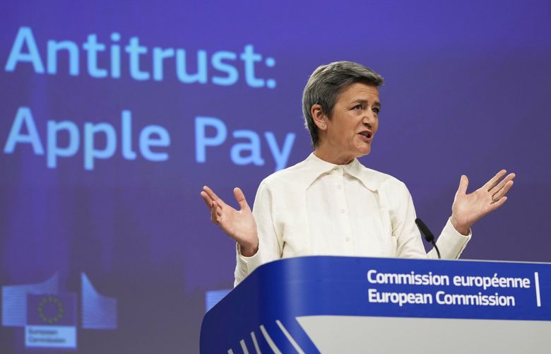 European Commissioner for Europe fit for the Digital Age Margrethe Vestager speaks during a media conference at EU headquarters in Brussels, Monday, May 2, 2022. The European Commission said on Monday it believes Apple abused its dominant position by limiting access to rivals to its mobile payment system, Apple Pay. (AP Photo/Virginia Mayo) VLM101 VLM101
