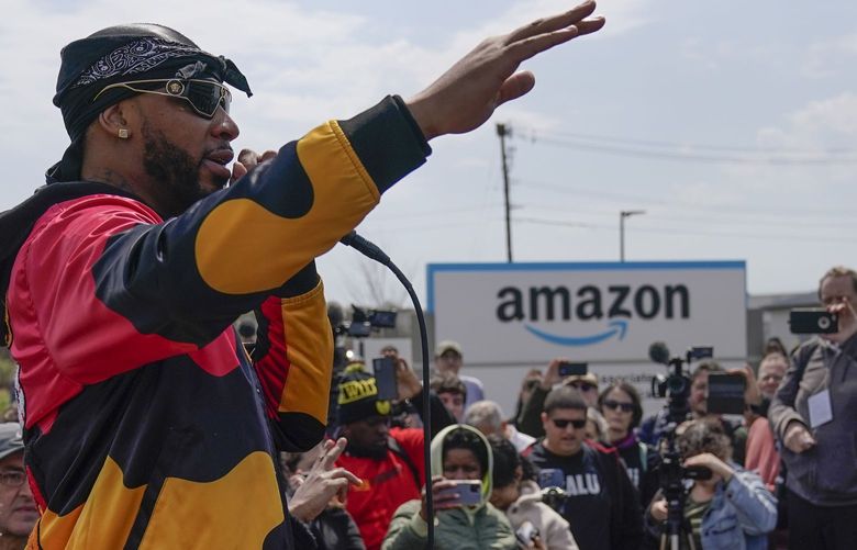 FILE – Christian Smalls, president of the Amazon Labor Union, speaks at a rally outside an Amazon facility on Staten Island in New York, Sunday, April 24, 2022. Amazon and the nascent group that successfully organized the companyâ€™s first-ever U.S. union are headed for a rematch Monday, May 2, 2022, when a federal labor board will tally votes cast by warehouse workers in yet another election on Staten Island. (AP Photo/Seth Wenig, File) NY477 NY477
