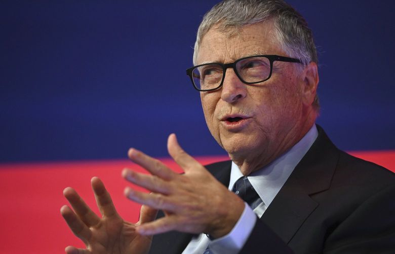Bill Gates speaks during the Global Investment Summit at the Science Museum, London, Tuesday, Oct, 19, 2021. (Leon Neal/Pool Photo via AP