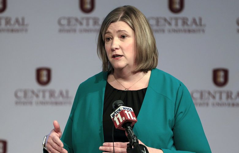FILE – Nan Whaley, former Mayor of Dayton, speaks after a debate in Wilberforce, Ohio, on March 29, 2022. Whaley is seeking the Democratic Party nomination for Governor of Ohio. (AP Photo/Aaron Doster, File) PAKS314 PAKS314