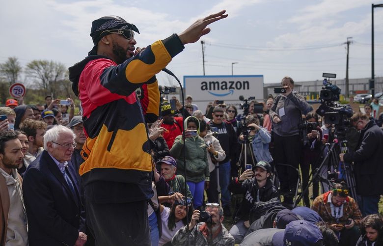 FILE – Christian Smalls, president of the Amazon Labor Union, speaks at a rally outside an Amazon facility on Staten Island in New York, Sunday, April 24, 2022. Amazon and the nascent group that successfully organized the companyâ€™s first-ever U.S. union are headed for a rematch Monday, May 2, 2022, when a federal labor board will tally votes cast by warehouse workers in yet another election on Staten Island. (AP Photo/Seth Wenig, File)
