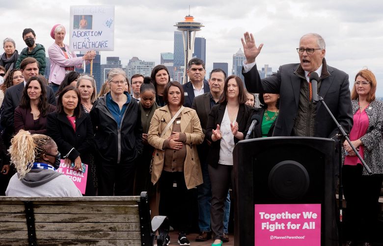 Gov. Jay Inslee speaks at a press conference about the leaked Supreme Court draft opinion regarding Roe v. Wade at Kerry Park in Seattle Tuesday, May 3, 2022.  220299