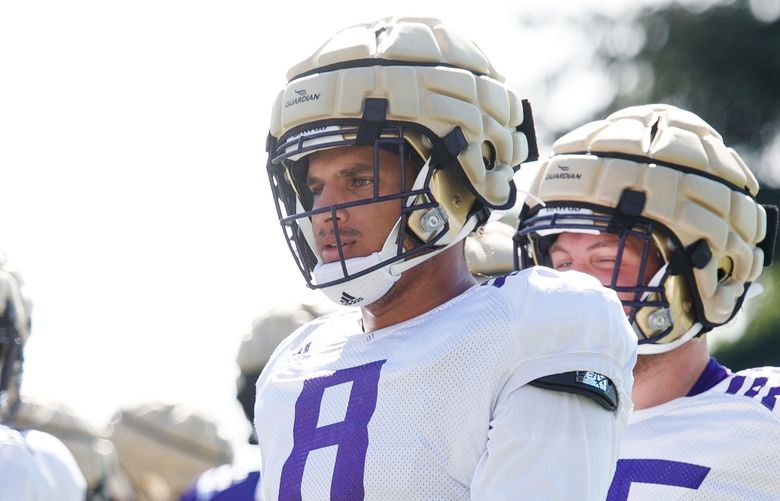 Outside linebacker Bralen Trice transitions between drills at University of Washington football practice Tuesday, Aug. 10, 2021 in Seattle. 217848