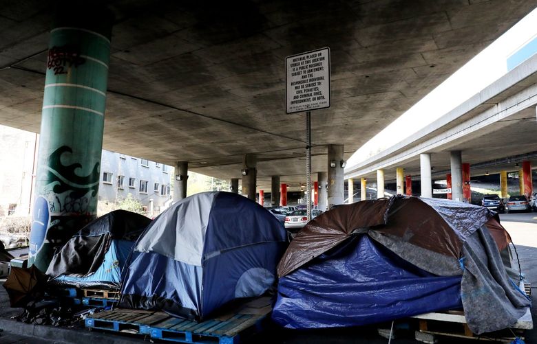 An encampment lines the sidewalk along S. King Street under Interstate 5.


Homeless encampments in public rights-of-way and property.


Thursday April 14, 2022