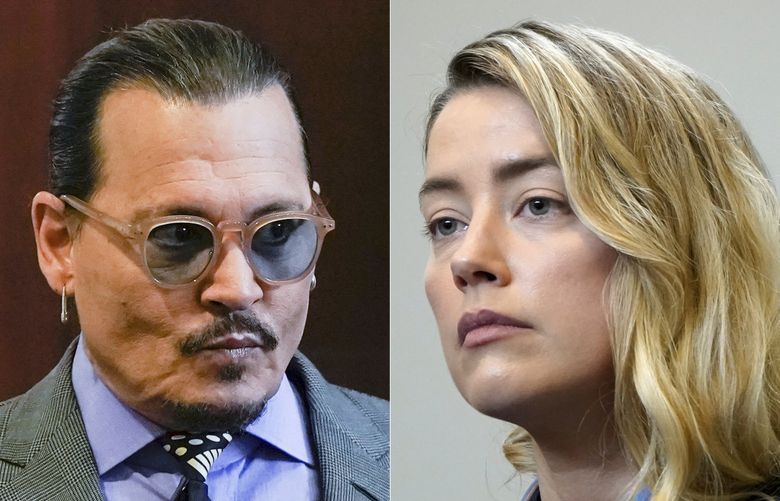This combination of two separate photos shows actors Johnny Depp, and Amber Heard in the courtroom at the Fairfax County Circuit Court in Fairfax, Va., on May 4, 2022. Depp is suing his ex-wife Heard for libel after she wrote an op-ed piece in The Washington Post in 2018 referring to herself as a “public figure representing domestic abuse.” (Elizabeth Frantz/Pool Photos via AP) NYET401 NYET401 (Elizabeth Frantz / The Associated Press)