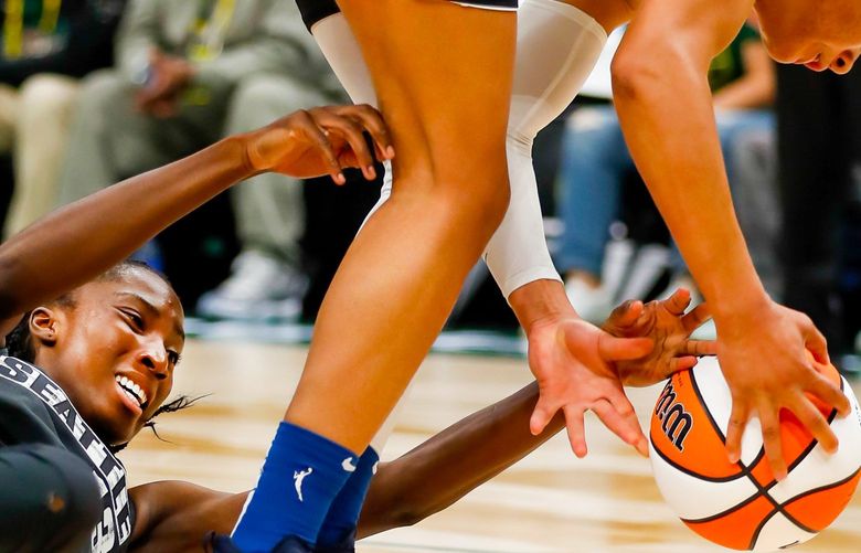 Climate Pledge Arena – Seattle Storm vs. Minnesota Lynx – 050622

Seattle Storm center Ezi Magbegor goes to the floor for a loose ball during the first quarter Friday, May 6, 2022, in Seattle, Wash. 220302 220302