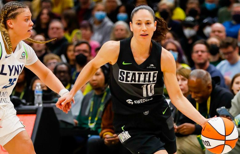 Climate Pledge Arena – Seattle Storm vs. Minnesota Lynx – 050622
Seattle Storm guard Sue Bird drives around Minnesota Lynx guard Rachel Banham during the first quarter Friday, May 6, 2022, in Seattle, Wash. 220302 220302