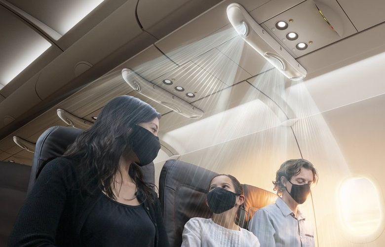 A snap-on component designed by Seattle-based Teague and produced by Pexco of Union Gap, Wash., transforms the air flow above an airline passenger’s head into a downward-flowing “air curtain” around the person. It aims to act as a shield against virus transmission.