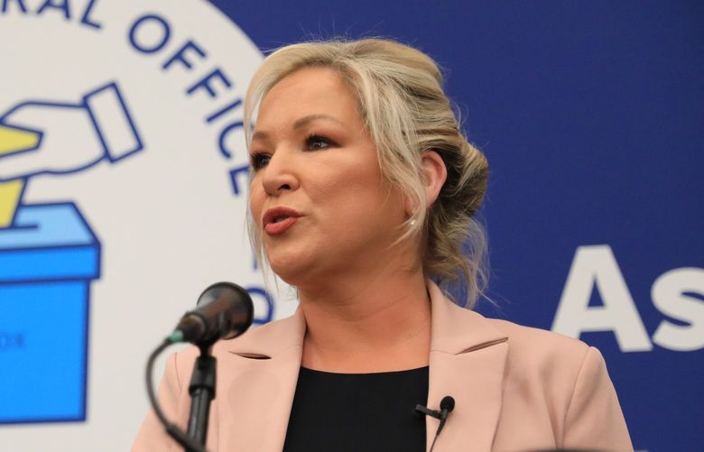 Sinn Fein’s Michelle O’Neill speaks after topping the poll at the Medow Bank election count centre on Saturday, May, 7, 2022, in Magherafelt , Northern Ireland. (AP Photo/Peter Morrison) XPM104 XPM104