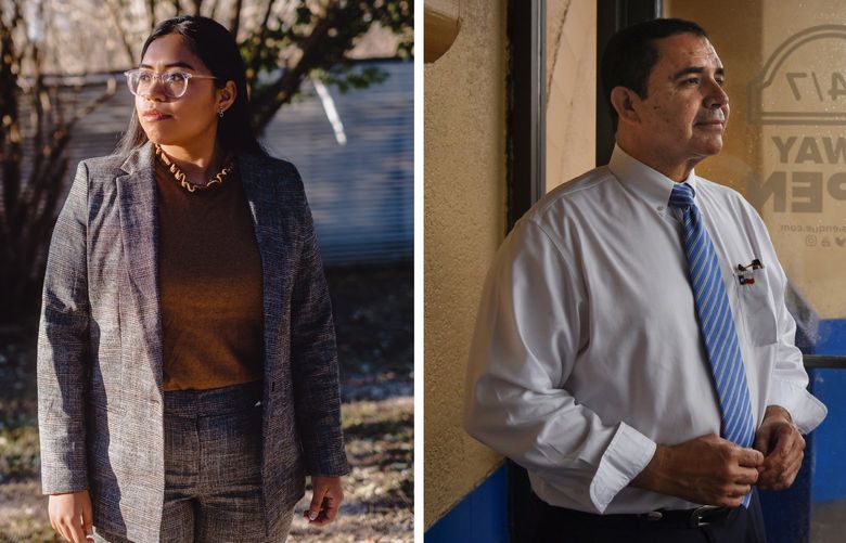 **EMBARGO: No electronic distribution, Web posting or street sales before 3 a.m. ET on Saturday, May 7, 2022. No exceptions for any reasons. EMBARGO set by source.** A diptych showing Democratic congressional challenger Jessica Cisneros, left, in San Antonio, Texas, Jan. 29, 2022, and Rep. Henry Cuellar, in Laredo, Texas, Sept. 4, 2019. Cuellar, the most staunchly anti-abortion Democrat in the U.S. House, is facing a primary runoff against Cisneros, a 28-year-old immigration lawyer and a progressive supporter of abortion rights. Left:(Christopher Lee/The New York Times) Right:(Callaghan O’Hare/The New York Times)
