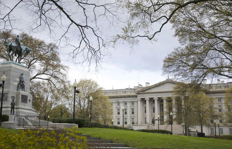 The U.S. Treasury building is seen in Washington on April 10, 2022.