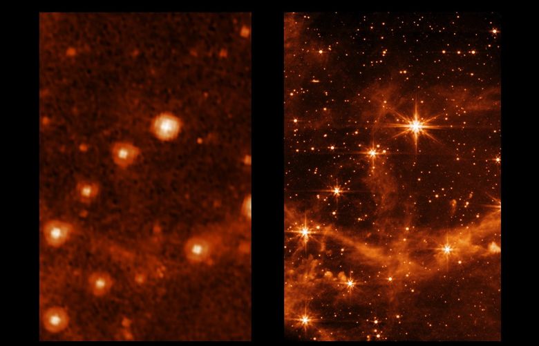 This combination of images provided by NASA on Monday, May 9, 2022, shows part of the Large Magellanic Cloud, a small satellite galaxy of the Milky Way, seen by the retired Spitzer Space Telescope, left, and the new James Webb Space Telescope. The new telescope is in the home stretch of testing, with science observations expected to begin in July, astronomers said Monday. (NASA/JPL-Caltech, NASA/ESA/CSA/STScI via AP) NY637 NY637