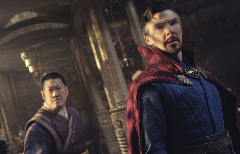 This image released by Marvel Studios shows, from left, Xochitl Gomez as America Chavez, Benedict Wong as Wong, and Benedict Cumberbatch as Dr. Stephen Strange in a scene from “Doctor Strange in the Multiverse of Madness.” (Marvel Studios via AP) NYET103 NYET103
