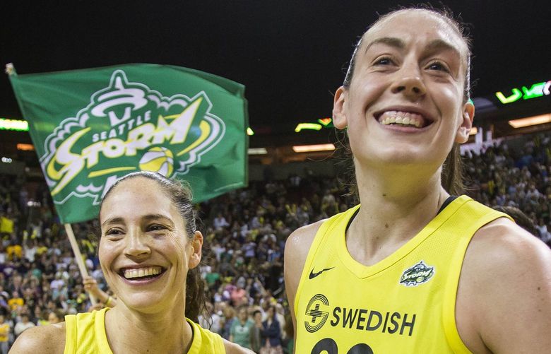 Sue Bird and Breanna Stewart celebrate the Storm’s 94-84 come from behind win over Phoenix in Game 5 of the WNBA Semifinals.

The Phoenix Mercury played the Seattle Storm in the deciding 5th game of the WNBA Semifinals Tuesday, September 4, 2018 at KeyArena. 207654 207654