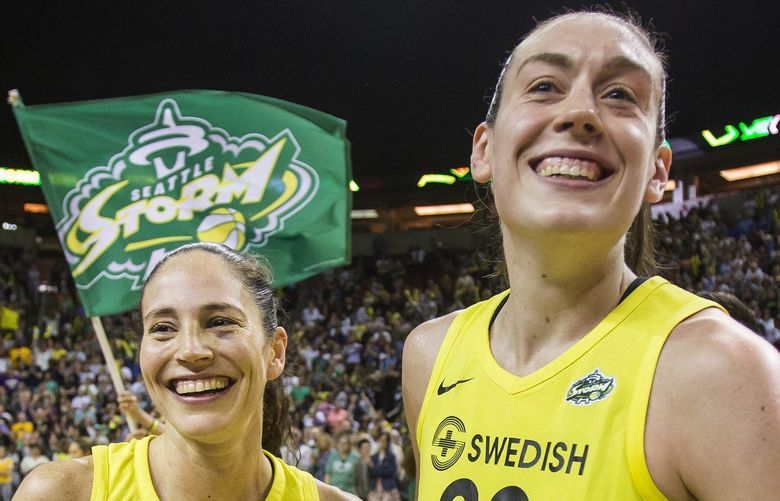 Sue Bird and Breanna Stewart celebrate the Storm’s 94-84 come from behind win over Phoenix in Game 5 of the WNBA Semifinals.
The Phoenix Mercury played the Seattle Storm in the deciding 5th game of the WNBA Semifinals Tuesday, September 4, 2018 at KeyArena. 207654 207654