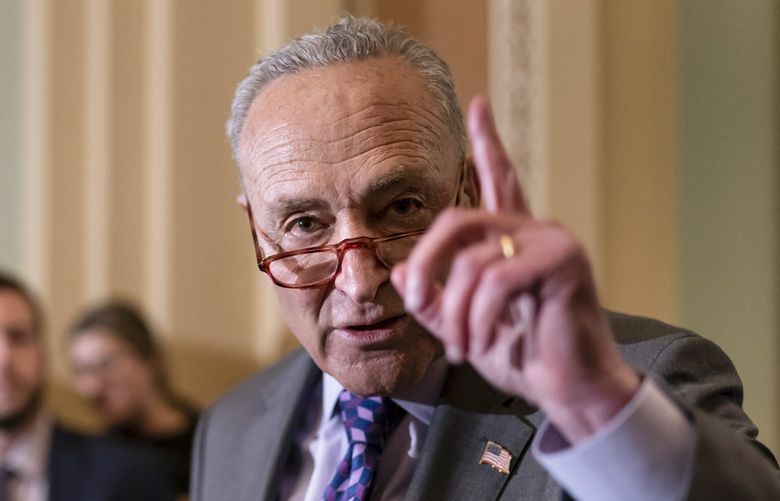 Senate Majority Leader Chuck Schumer, D-N.Y., speaks to reporters ahead of a procedural vote on Wednesday to essentially codify Roe v. Wade, at the Capitol in Washington, Tuesday, May 10, 2022. (AP Photo/J. Scott Applewhite) DCSA109 DCSA109