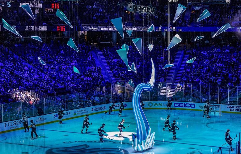 The Kraken’s new introduction is on display during pregame Friday.
The St. Louis Blues played the Seattle Kraken Friday, January 21, 2022 at Climate Pledge Arena in Seattle, WA. 219272