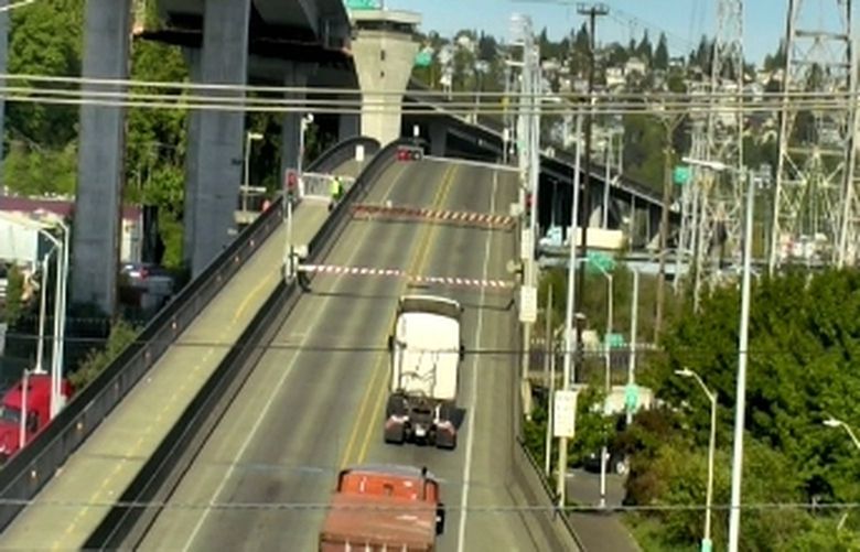 The Spokane Street Bridge in West Seattle is stuck on Wednesday, May 11, 2022.
