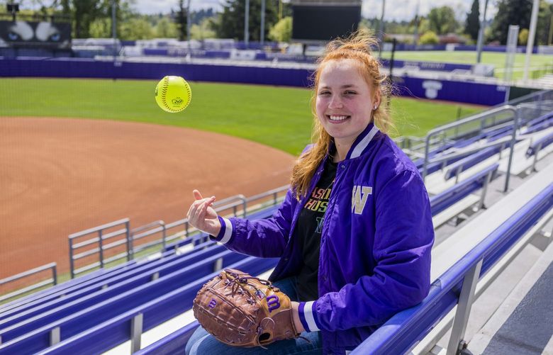 Gabbie Plain at Husky Softball Stadium at the University of Washington in Seattle on May 10, 2022. Plain is a pitcher for the softball team at UW and is a 2020 Olympian.