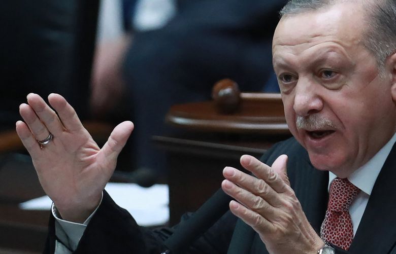 Turkish President Tayyip Erdogan speaks during his ruling AK Party’s group meeting in Ankara on April 21, 2021. (Adem Altan/AFP via Getty Images/TNS) 47792402W 47792402W