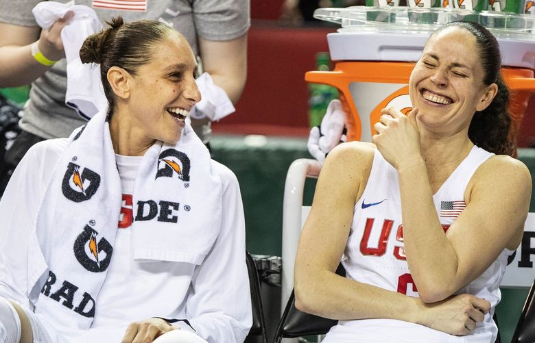 Diana Taurasi gets Sue Bird to burst into laughter on the bench late in the game with China.  The US Women’s Basketball team played China in an exhibition game at KeyArena in Seattle Thursday, April 26, 2018. 206102 206102