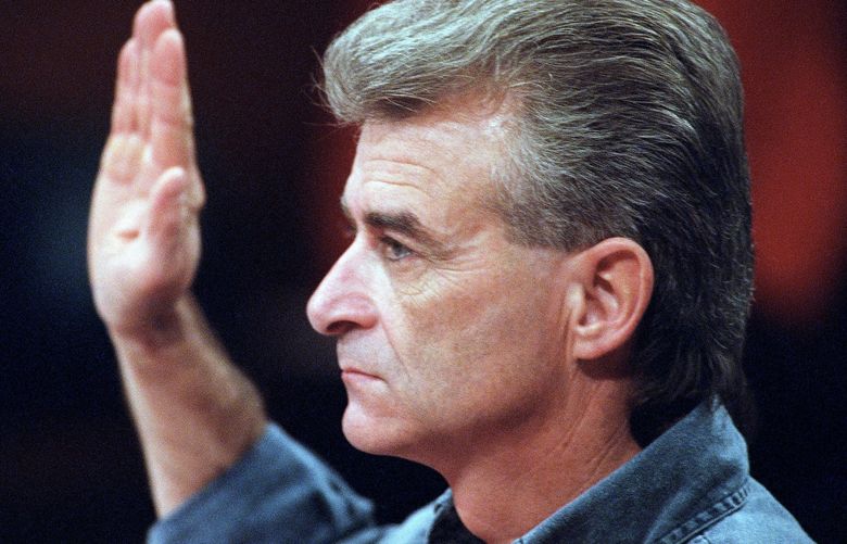 FILE – White separatist Randy Weaver is sworn in on Capitol Hill in Washington, Sept. 6, 1995 prior to testifying before the Senate Judiciary subcommittee. Weaver appealed to the subcommittee for â€œaccountability for the killings of my wife and sonâ€ during a 1992 standoff with federal agents at his isolated cabin in Ruby Ridge, Idaho. Weaver, 74, died on May 11, 2022, according to social media posts by his daughter, Sara Waver. (AP Photo/Joe Marquette, File) NY127 NY127
