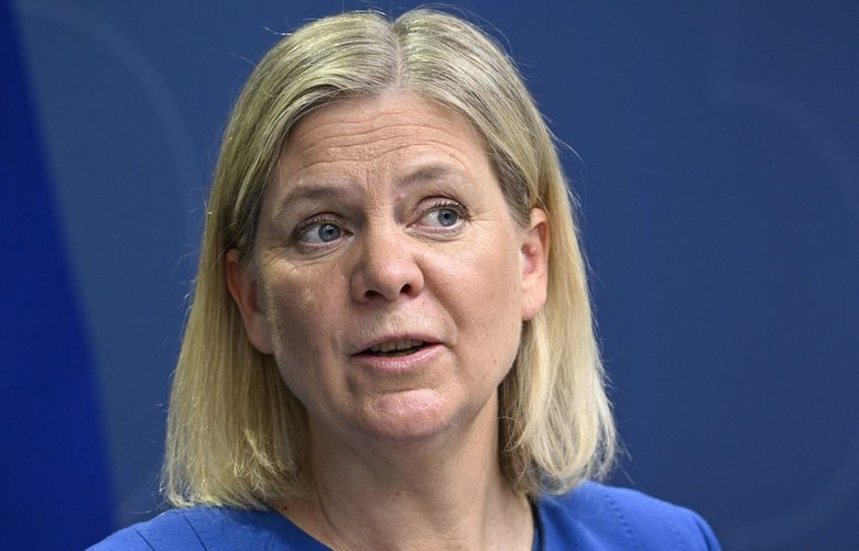 Sweden’s Prime Minister Magdalena Andersson gives a news conference in Stockholm, Sweden, Monday, May 16, 2022. Sweden’s government has decided to apply for a NATO membership. (Henrik Montgomery/TT News Agency via AP) STO849 STO849