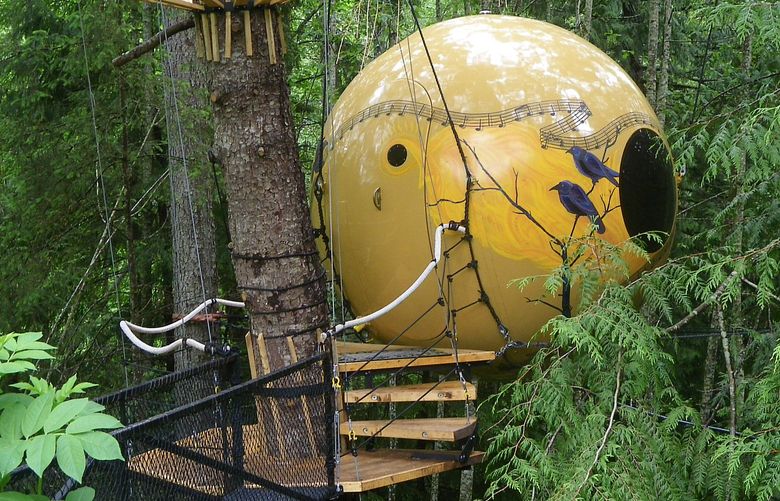 This is the Melody sphere at Free Spirit Spheres in British Columbia, where funky spherical pods make for a nice forested retreat.