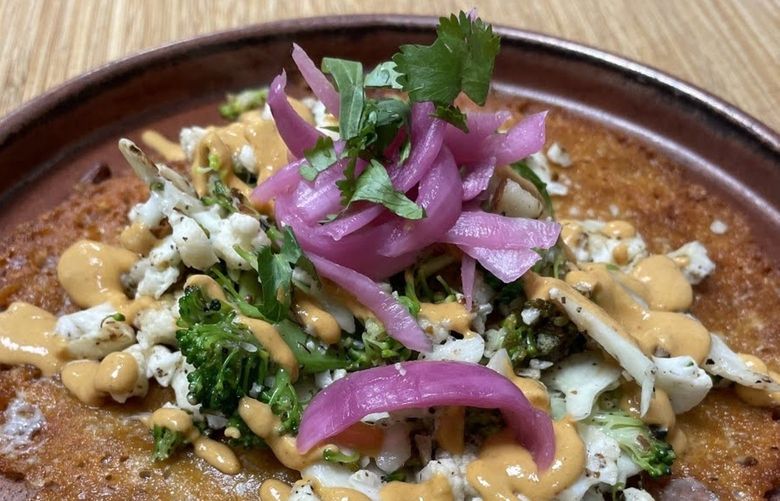 The Cruciferous taco at Centro Neighborhood Kitchen – stuffed with roasted broccoli and cauliflower and drizzled with a chipotle-cashew sauce – is unbelievably good and can come on a cheese taco shell.