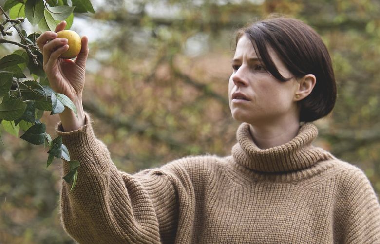 This image released by A24 shows Jessie Buckley in a scene from “Men.” (Kevin Baker/A24 via AP) NYET162 NYET162