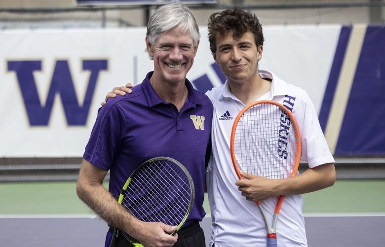 Tuesday, May 17, 21022.    UW tennis coach Matt  Anger at left is resigning after 28 years so he can be the personal coach for Clement Chidekh at right who is turning pro. 220413