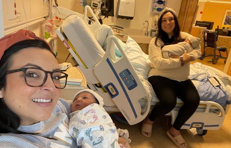 Erin Cheplak and Silas, left, with Jill Justiniani and Oliver after both boys were born. MUST CREDIT: Family photo.