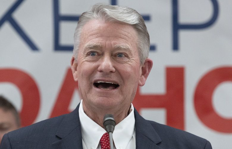 Idaho Gov. Brad Little declares victory in the gubernatorial primary during the Republican Party’s primary election celebration Tuesday, May 17, 2022, at the Hilton Garden Inn hotel in Boise, Idaho. (AP Photo/Kyle Green) IDKG165 IDKG165