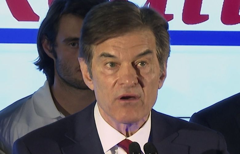 Mehmet Oz, a Republican candidate for U.S. Senate in Pennsylvania, speaks at a primary night election gathering in Newtown, Pa., Tuesday, May 17, 2022. (AP Photo/Ted Shaffrey) RPTS103 RPTS103