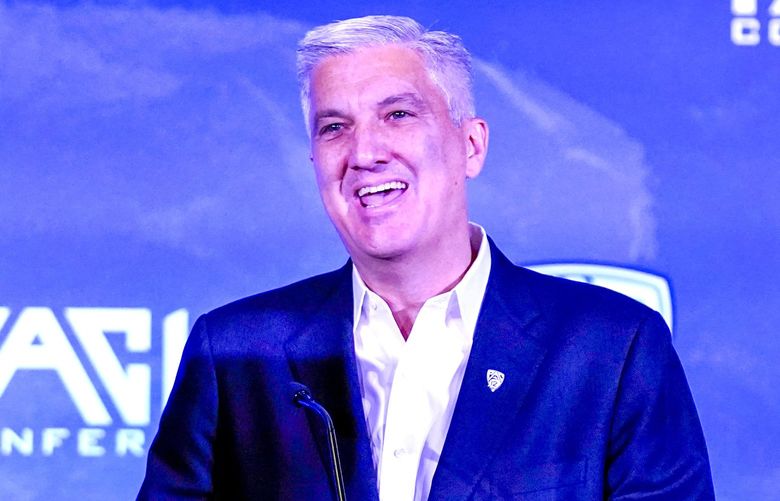 Pac-12 Commissioner George Kliavkoff speaks during the Pac-12 Conference NCAA college football Media Day Tuesday, July 27, 2021, in Los Angeles. (AP Photo/Marcio Jose Sanchez) CAMS101