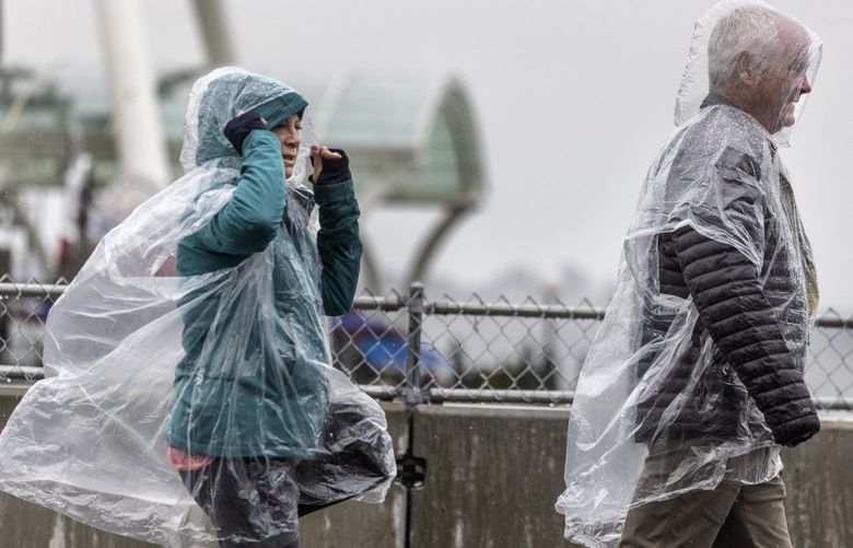 Monday, April 18, 2022.    Who says Seattle’s not fun when it rains as this couple slogs along Alaska Way near the construction for the Seattle Aquarium.   220161