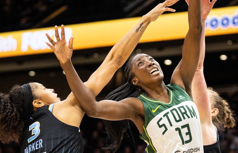 Seattle’s Ezi Magbegor led all scorers with 21-points in a 74-71 win over the Chicago Sky Wednesday.

The Chicago Sky played the Seattle Storm in WNBA Basketball Wednesday, May 18, 2022 at Climate Pledge Arena, in Seattle, WA. 220419