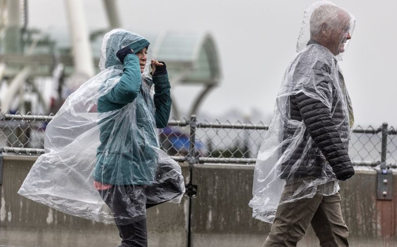 People slog along Alaskan Way near the Seattle Aquarium in April. This spring has been one of the wettest on record — but for the region it was not enough moisture to overcome years of drought. (Steve Ringman / The Seattle Times)