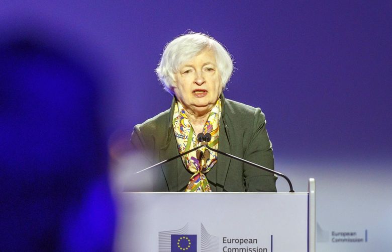 United States Treasury Secretary Janet Yellen delivers the Tommaso Padoa Schioppa Lecture at the Brussels Economic Forum 2022 in Brussels, Tuesday, May 17, 2022. Secretary Yellen focussed on the way forward for the global economy in the wake of Russia’s brutal war against Ukraine, and discussed the unmet challenges that would benefit from multilateral cooperation in the years ahead. (AP Photo/Olivier Matthys) OM103 OM103