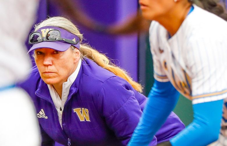 UW softball stadium – PAC-12 womenís softball – University of Washington Huskies vs. UCLA Bruins – 032622
Washington head coach Heather Tarr watches the play during a game against the UCLA Saturday, March 26, in Seattle, Wash. 219959 219959