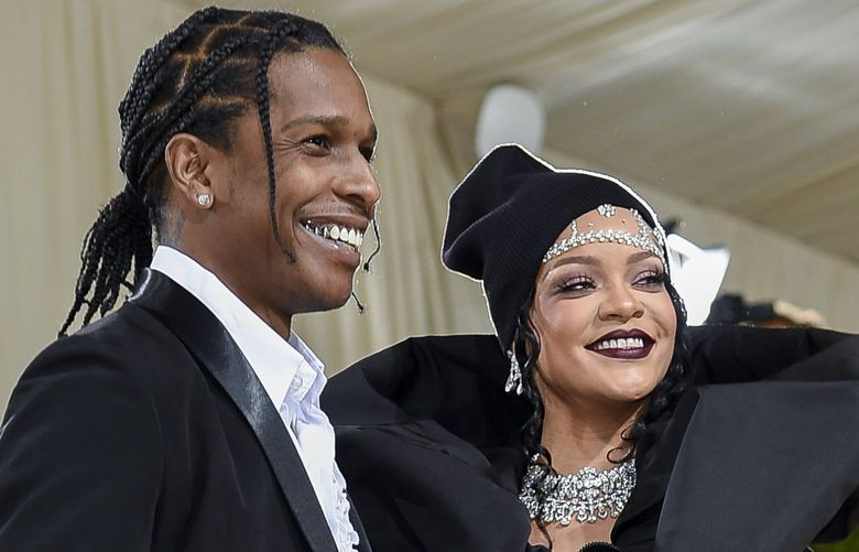 FILE – A$AP Rocky, left, and Rihanna attend The Metropolitan Museum of Art’s Costume Institute benefit gala celebrating the opening of the “In America: A Lexicon of Fashion” exhibition in New York on Sept. 13, 2021. (Photo by Evan Agostini/Invision/AP, File) NYET432 NYET432