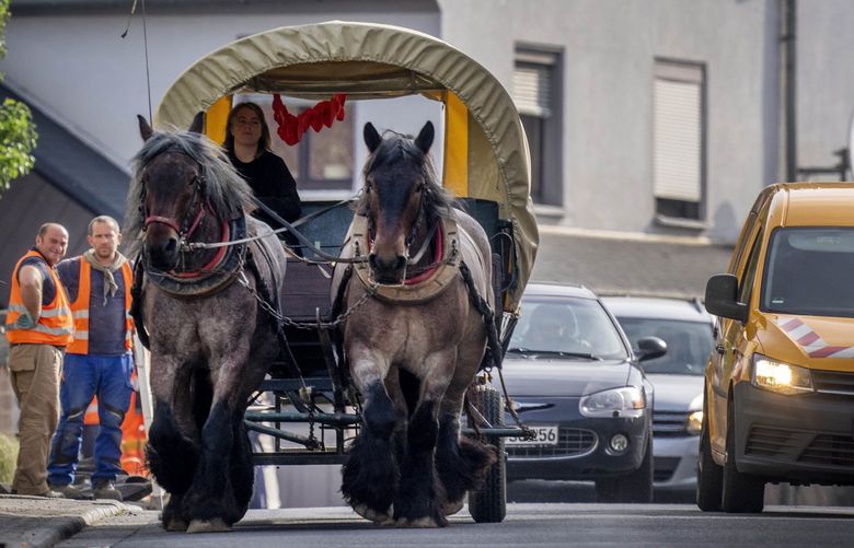 Horse farmer Stephanie Kirchner steers her coach on the main road through her hometown Schupbach near Limburg, Germany, Thursday, May 19, 2022. Since the beginning of the war in the Ukraine causing rising gas prices Kirchner uses the coach or rides a horse to a small stud farm where she works whenever possible. (AP Photo/Michael Probst) PRO101 PRO101