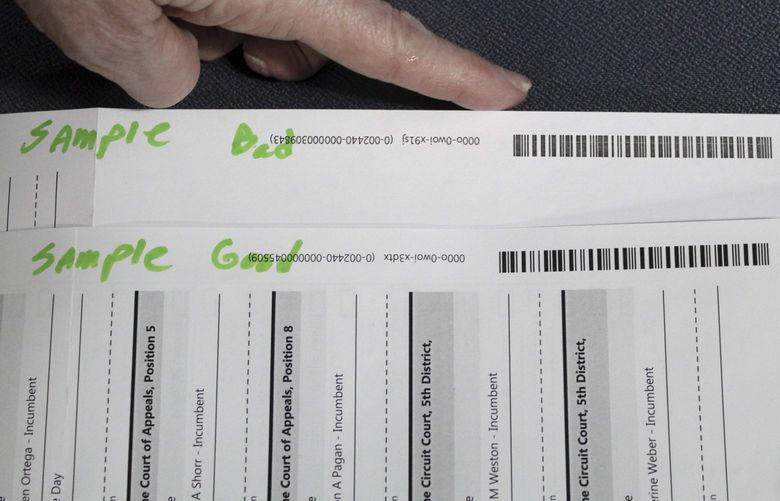 An election worker at the Clackamas County Elections office shows barcodes on ballots that is bad, top, and good on Thursday, May 19, 2022, Oregon City, Ore. Ballots with blurry barcodes that can’t be read by vote-counting machines will delay election results by weeks in a key U.S. House race in Oregon’s primary. (AP Photo/Gillian Flaccus) NYAG203 NYAG203