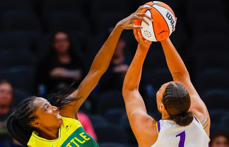 Climate Pledge Arena – Seattle Storm vs. Los Angeles Sparks – 052022
Seattle Storm center Ezi Magbegor blocks a shot by Los Angeles Sparks center Liz Cambage during the first quarter Friday, May 20, 2022, in Seattle, Wash. 220438