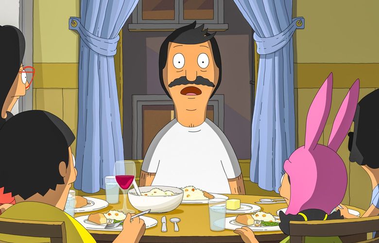 Linda Belcher (voiced by John Roberts), Bob Belcher (voiced by H. Jon Benjamin), Tina Belcher (voiced by Dan Mintz), Louise Belcher (voiced by Kristen Schaal) and Gene Belcher (voiced by Eugene Mirman) in “The Bob’s Burgers Movie.”